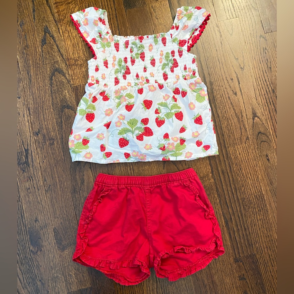 Gymboree- Strawberry Smocked Tank Red Ruffle Shorts toddler girl 5T matching set